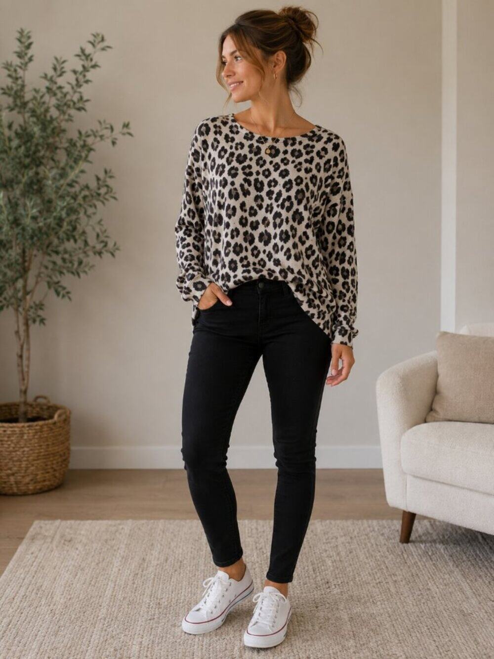 SHEIN XL Leopard Print V-Neck Blouse Long Sleeve Smocked Cuff Animal Print Top